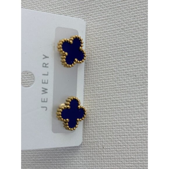 Gold-Tone Blue  Stud Earrings With Beaded Edges - Picture 4 of 8